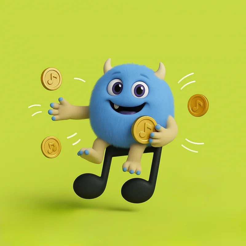 A blue Mostro mascot riding a musical note with gold music coins